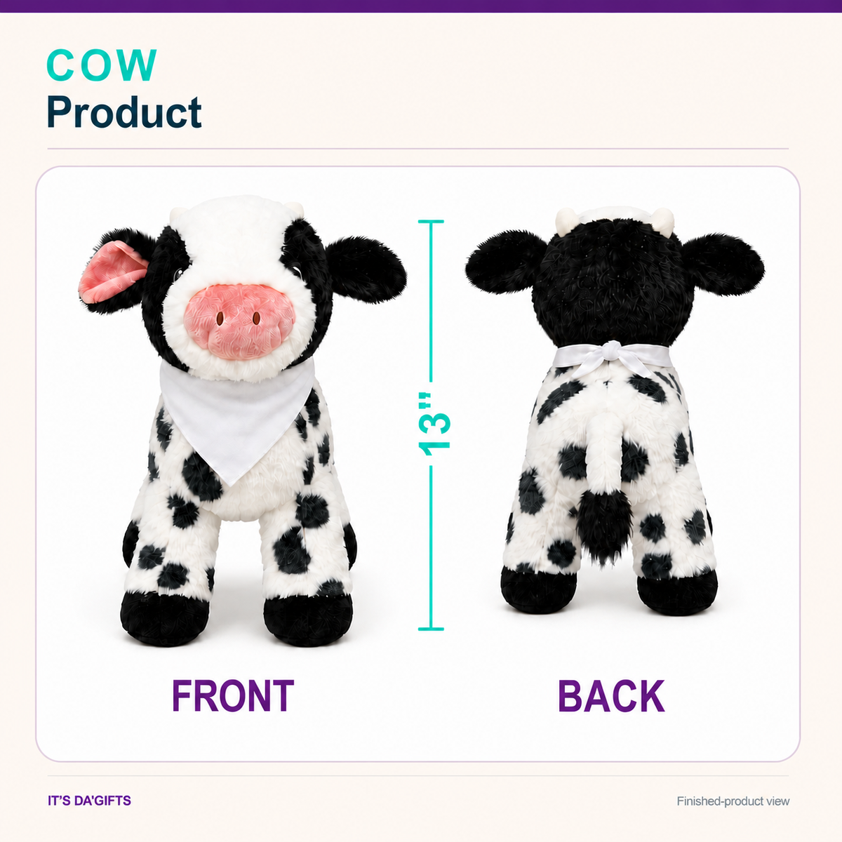 Cow plushie product front and back views with 13-inch height