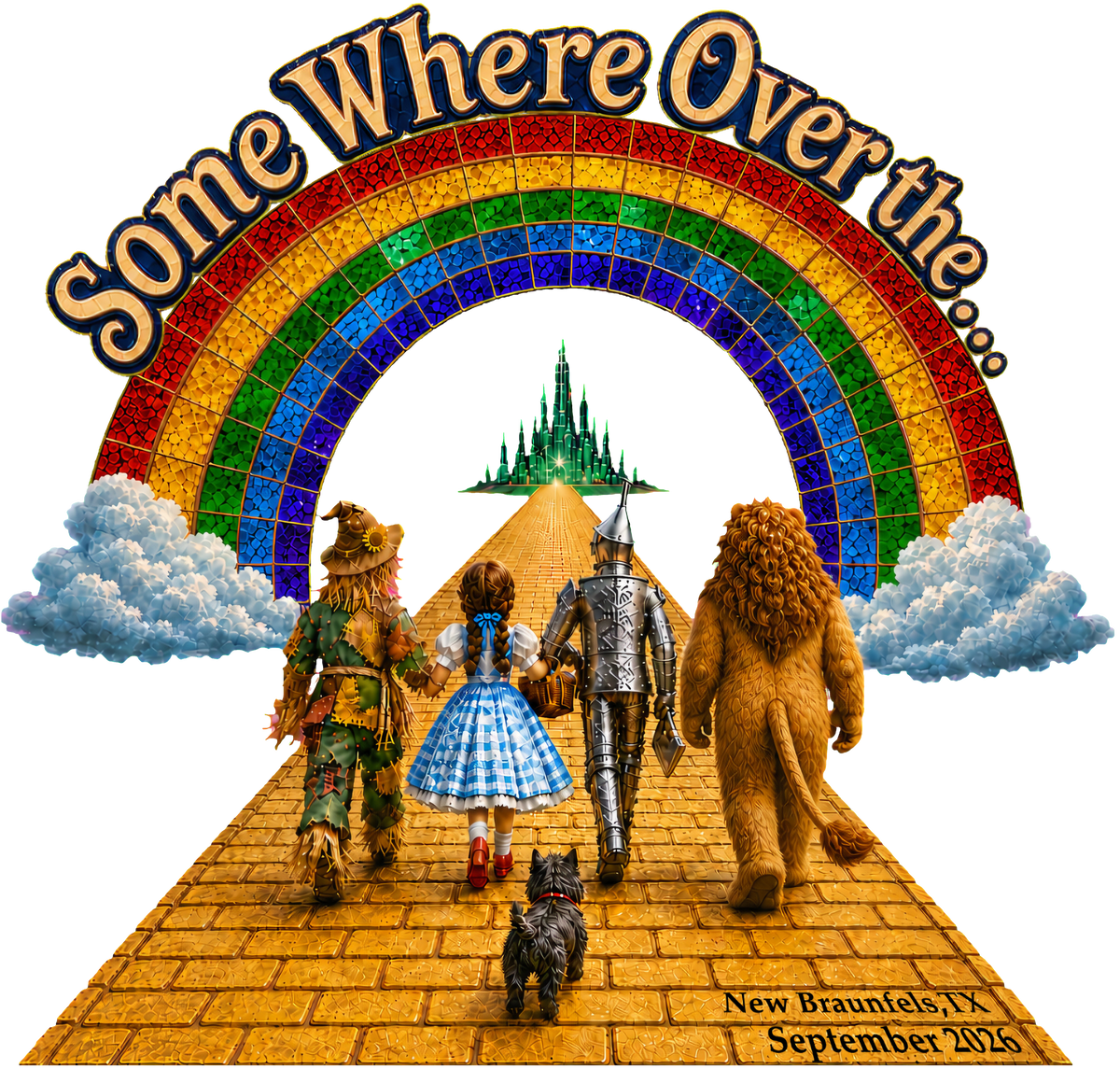 Somewhere Over the Rainbow DTF decal artwork with New Braunfels, TX and September 2026