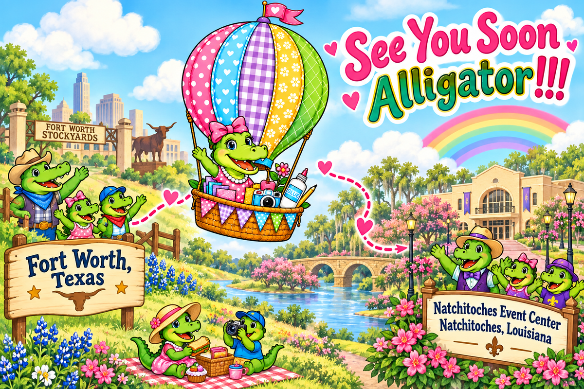 See You Soon Alligator!!! Happy alligators travel from Fort Worth, Texas to Natchitoches Event Center, Natchitoches, Louisiana.
